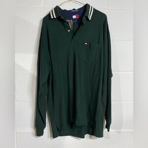 Tommy Hilfiger Men's Green Polo Shirt Longsleeve large